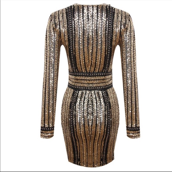 Long Sleeve Sequin Gold And Black Dress - Picture 6 of 8
